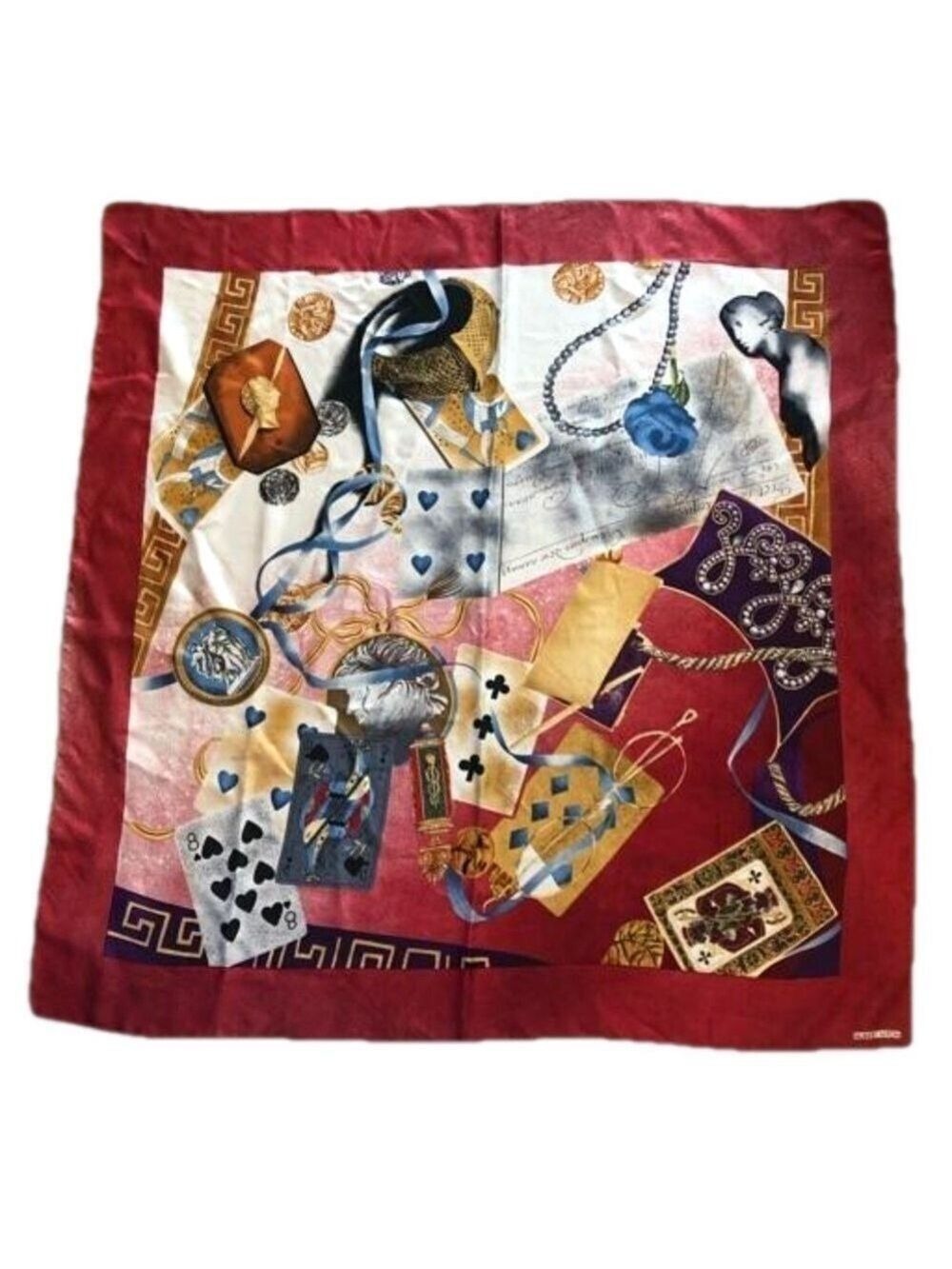 Albert Nipon 34” square scarf. Greek key playing cards statue red gold blue